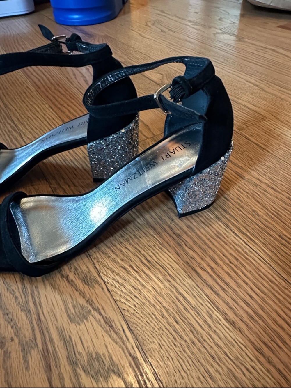 Stuart Weitzman Black Suede Ankle-Strap Sandals with sparkly heels size 7 narrow - Picture 2 of 3